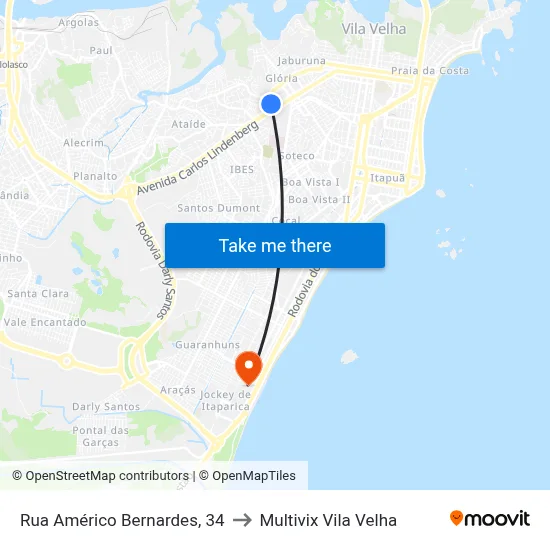 Rua Américo Bernardes, 34 to Multivix Vila Velha map
