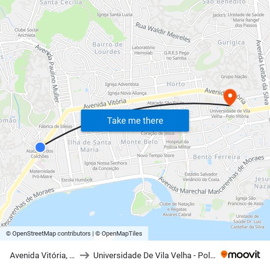 Avenida Vitória, 1153 to Universidade De Vila Velha - Polo Vitória map