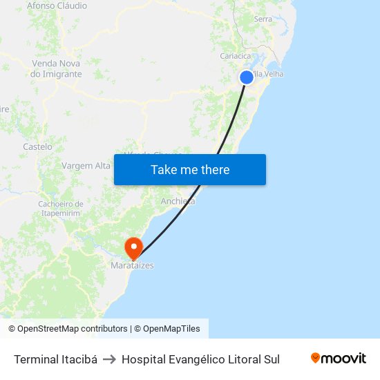 Terminal Itacibá to Hospital Evangélico Litoral Sul map