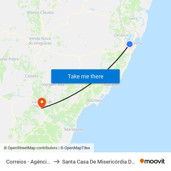 Correios - Agência Central (Transcol) to Santa Casa De Misericórdia De Cachoeiro De Itapemirim Smci map