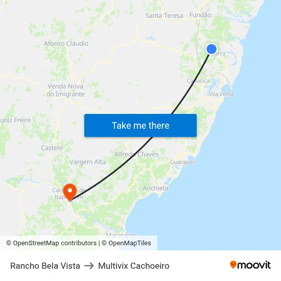 Rancho Bela Vista to Multivix Cachoeiro map