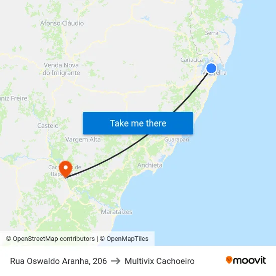 Rua Oswaldo Aranha, 206 to Multivix Cachoeiro map