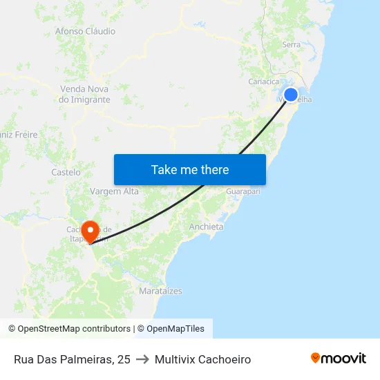 Rua Das Palmeiras, 25 to Multivix Cachoeiro map