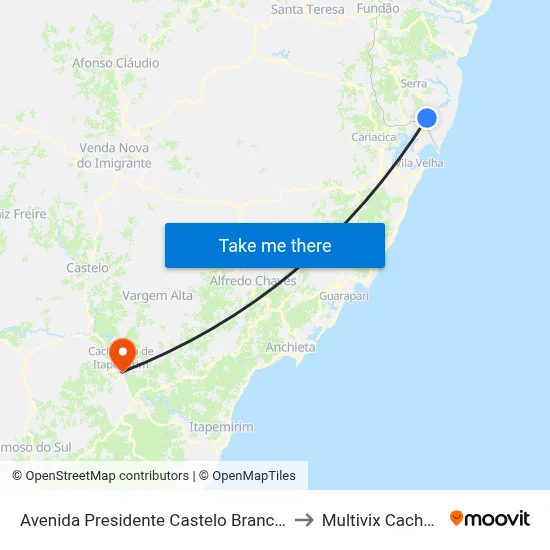 Avenida Presidente Castelo Branco, 3338 to Multivix Cachoeiro map