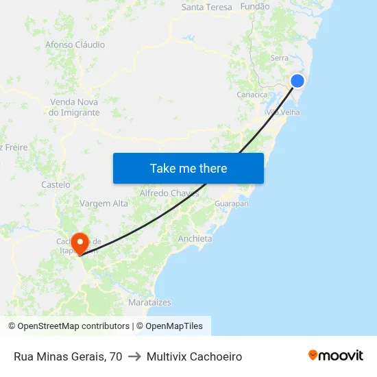 Rua Minas Gerais, 70 to Multivix Cachoeiro map