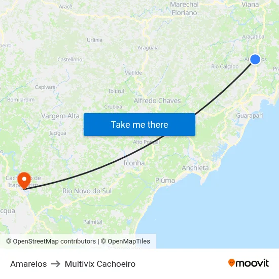 Amarelos to Multivix Cachoeiro map
