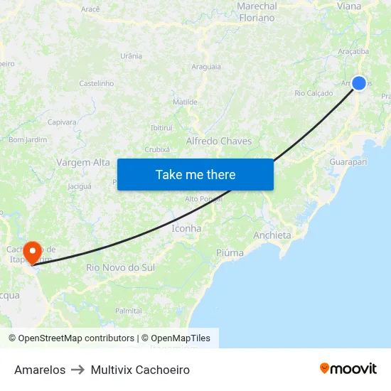 Amarelos to Multivix Cachoeiro map
