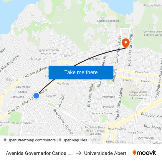 Avenida Governador Carlos Lindenberg, 722 to Universidade Aberta Do Brasil map