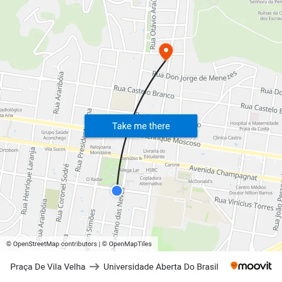 Praça De Vila Velha to Universidade Aberta Do Brasil map