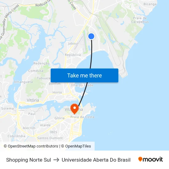Shopping Norte Sul to Universidade Aberta Do Brasil map