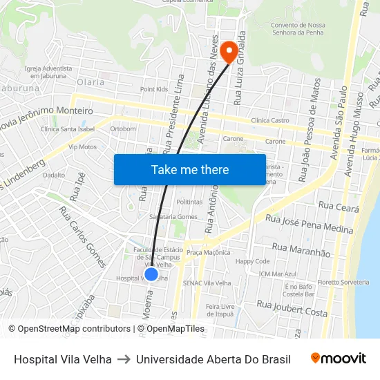 Hospital Vila Velha to Universidade Aberta Do Brasil map