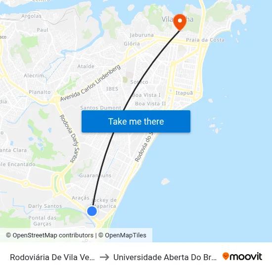 Rodoviária De Vila Velha to Universidade Aberta Do Brasil map