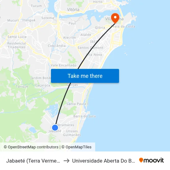 Jabaeté (Terra Vermelha) to Universidade Aberta Do Brasil map