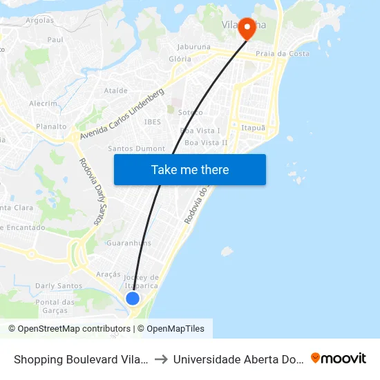 Shopping Boulevard Vila Velha to Universidade Aberta Do Brasil map