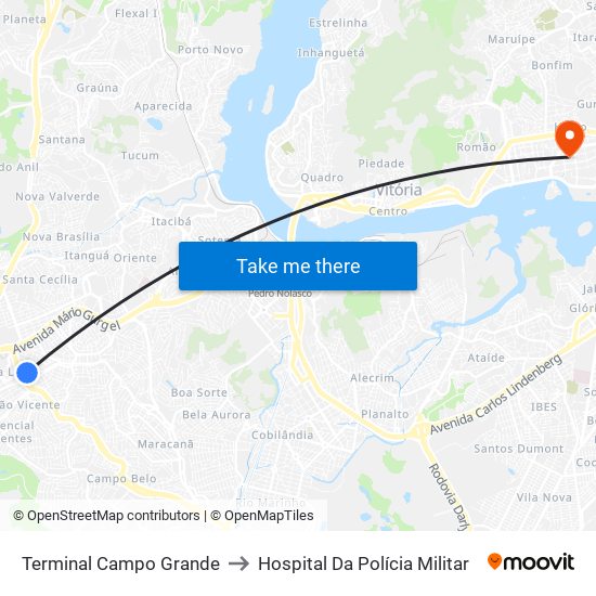 Terminal Campo Grande to Hospital Da Polícia Militar map