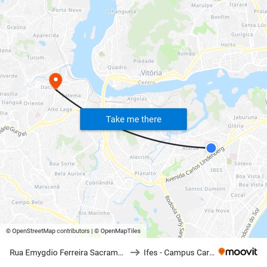 Rua Emygdio Ferreira Sacramento, 228 to Ifes - Campus Cariacica map