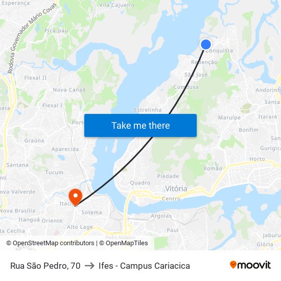 Rua São Pedro, 70 to Ifes - Campus Cariacica map