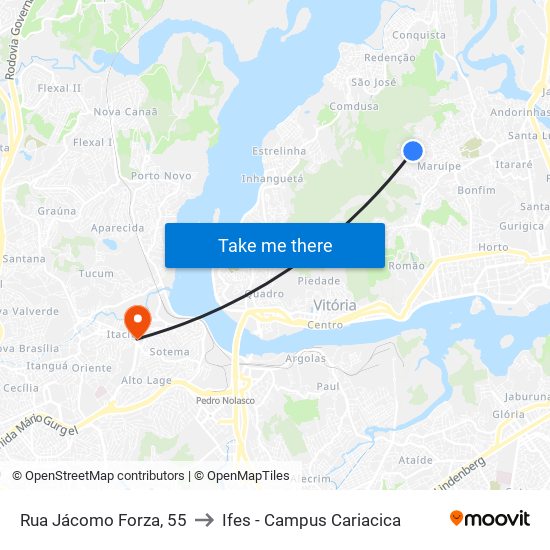 Rua Jácomo Forza, 55 to Ifes - Campus Cariacica map