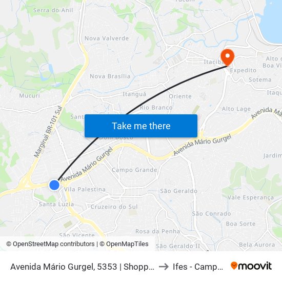 Avenida Mário Gurgel, 5353 | Shopping Moxuara - São Francisco to Ifes - Campus Cariacica map
