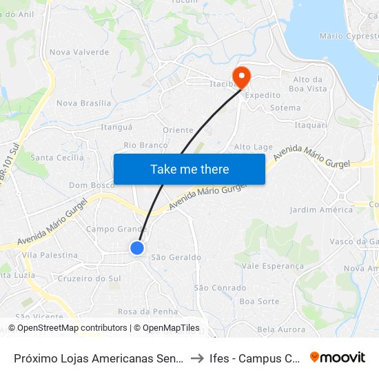 Próximo Lojas Americanas Sentido Carone to Ifes - Campus Cariacica map