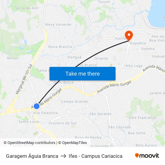 Garagem Águia Branca to Ifes - Campus Cariacica map