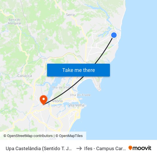 Upa Castelândia (Sentido T. Jacaraípe) to Ifes - Campus Cariacica map