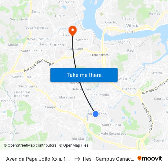 Avenida Papa João Xxiii, 1213 to Ifes - Campus Cariacica map