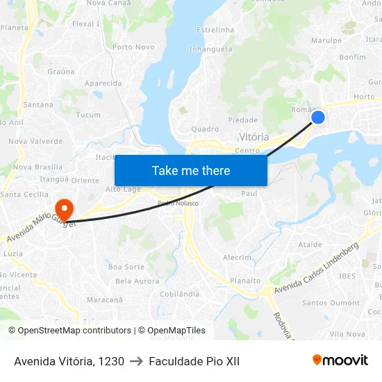 Avenida Vitória, 1230 to Faculdade Pio XII map