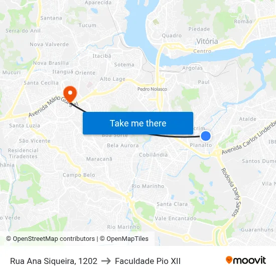 Rua Ana Siqueira, 1202 to Faculdade Pio XII map