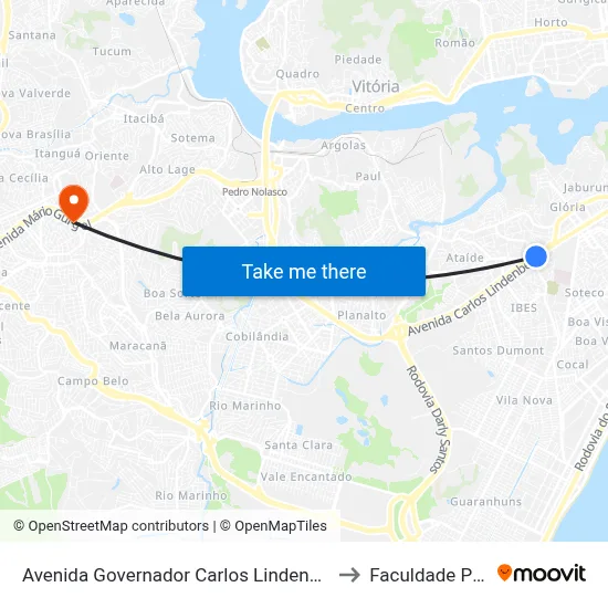 Avenida Governador Carlos Lindenberg, 1428 to Faculdade Pio XII map