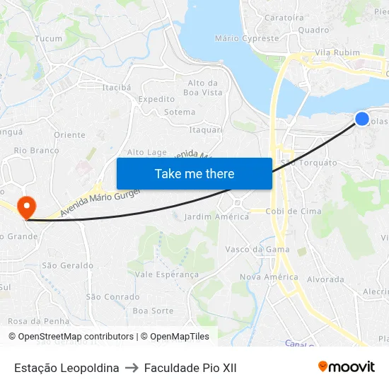 Estação Leopoldina to Faculdade Pio XII map