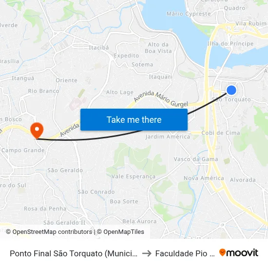 Ponto Final São Torquato (Municipal) to Faculdade Pio XII map