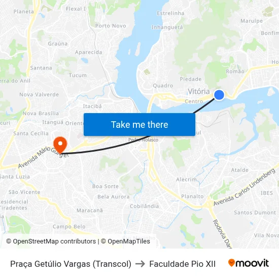 Praça Getúlio Vargas (Transcol) to Faculdade Pio XII map