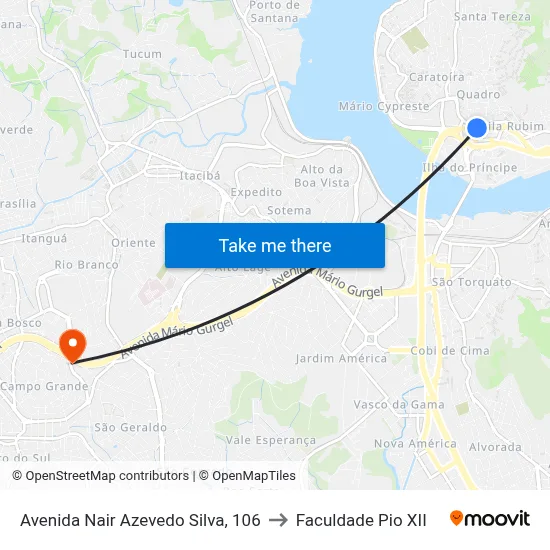 Avenida Nair Azevedo Silva, 106 to Faculdade Pio XII map