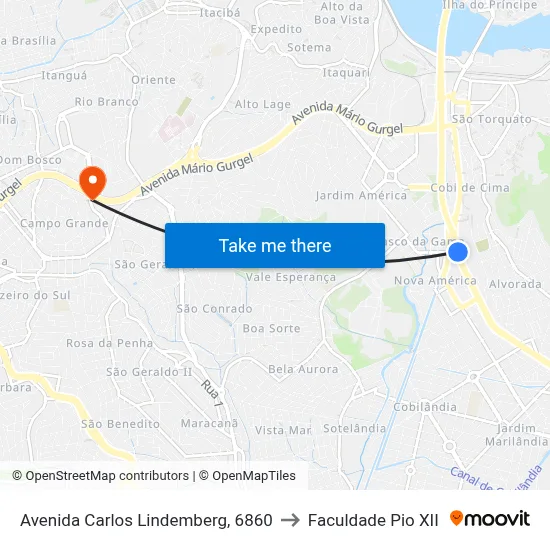 Avenida Carlos Lindemberg, 6860 to Faculdade Pio XII map