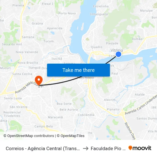 Correios - Agência Central (Transcol) to Faculdade Pio XII map