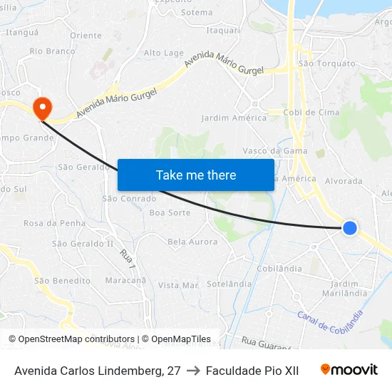 Avenida Carlos Lindemberg, 27 to Faculdade Pio XII map