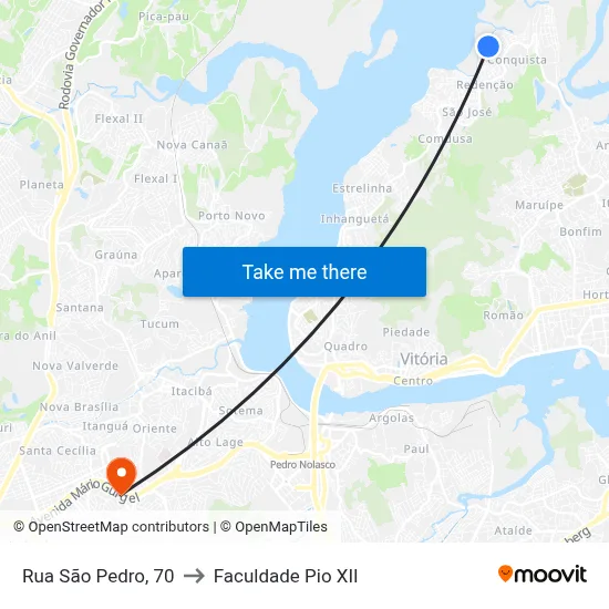 Rua São Pedro, 70 to Faculdade Pio XII map