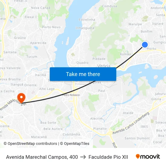 Avenida Marechal Campos, 400 to Faculdade Pio XII map