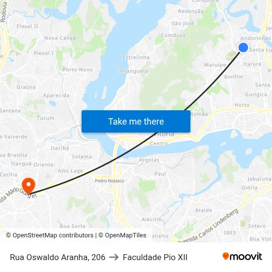 Rua Oswaldo Aranha, 206 to Faculdade Pio XII map