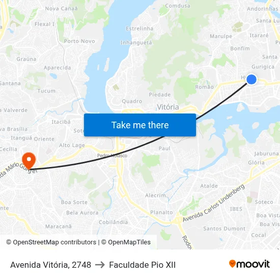 Avenida Vitória, 2748 to Faculdade Pio XII map