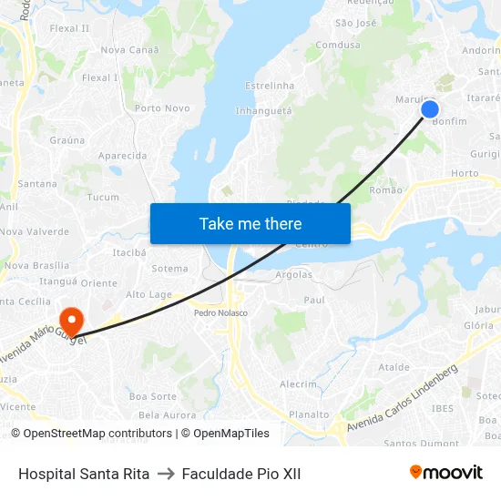 Hospital Santa Rita to Faculdade Pio XII map
