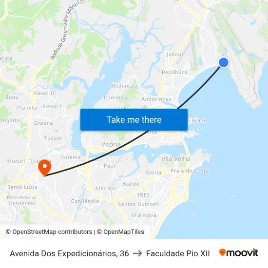 Avenida Dos Expedicionários, 36 to Faculdade Pio XII map