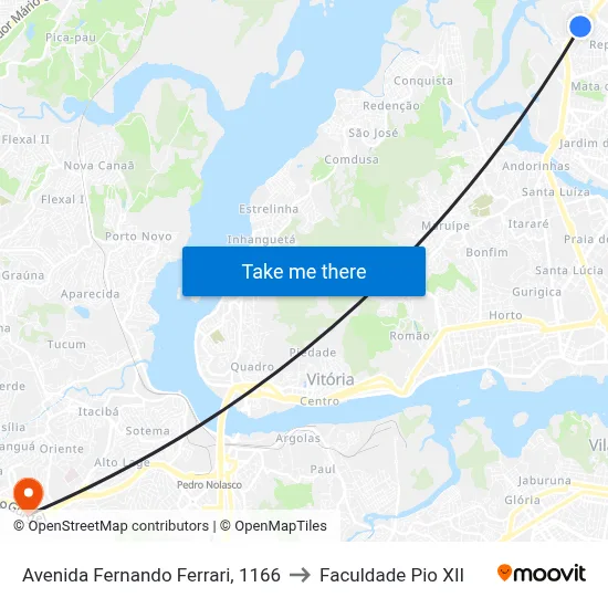 Avenida Fernando Ferrari, 1166 to Faculdade Pio XII map