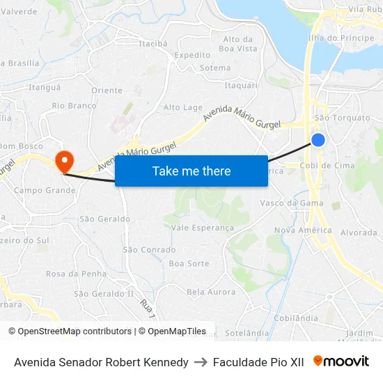 Avenida Senador Robert Kennedy to Faculdade Pio XII map