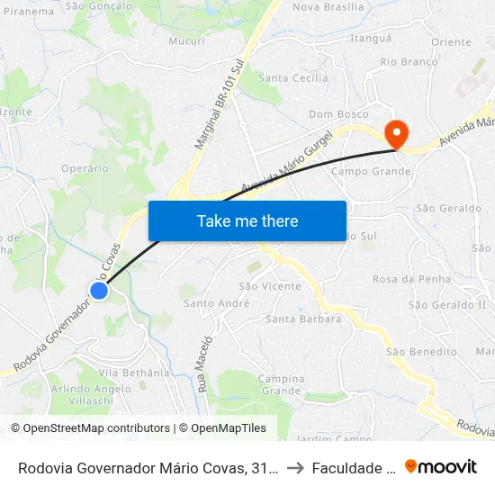 Rodovia Governador Mário Covas, 318 - Vila Bethania to Faculdade Pio XII map