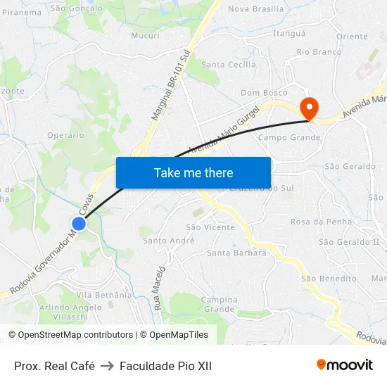 Prox. Real Café to Faculdade Pio XII map