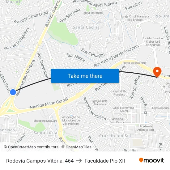Rodovia Campos-Vitória, 464 to Faculdade Pio XII map
