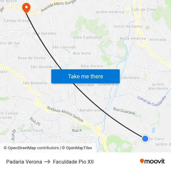 Padaria Verona to Faculdade Pio XII map
