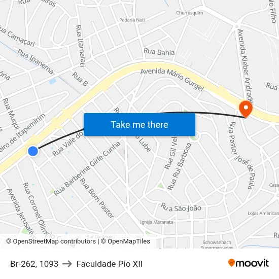 Br-262, 1093 to Faculdade Pio XII map